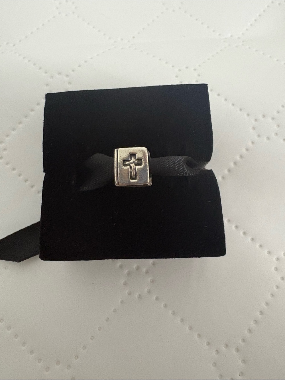 Pandora Silver Cross Charm on Black Ribbon